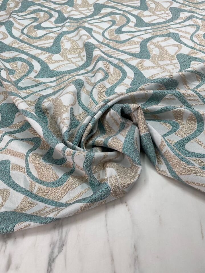 Turkuaz Çizgili Desen Elbiselik Brokar Kumaş