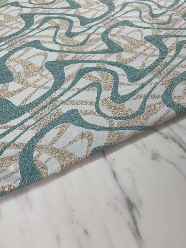 Turkuaz Çizgili Desen Elbiselik Brokar Kumaş