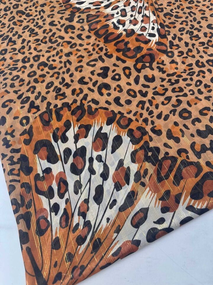 Leopar Kelebek Desen Simli Şifon Yumuşak Dökümlü