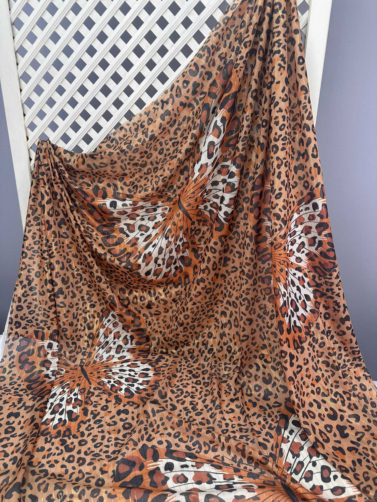 Leopar Kelebek Desen Simli Şifon Yumuşak Dökümlü