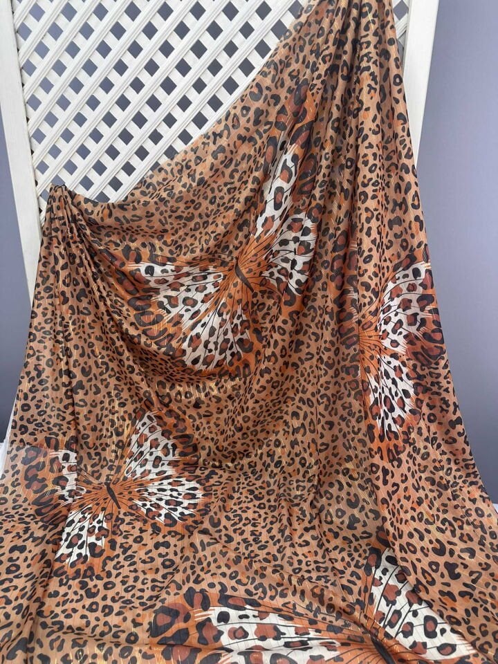 Leopar Kelebek Desen Simli Şifon Yumuşak Dökümlü