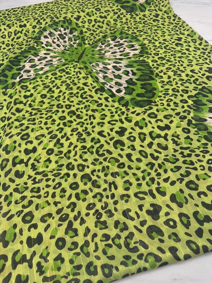 Kellebek Leopar Simli Şifon Yumuşak Dökümlü