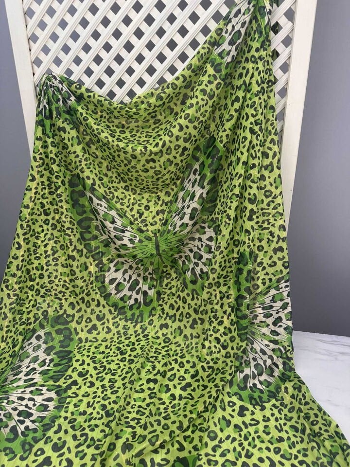 Kellebek Leopar Simli Şifon Yumuşak Dökümlü