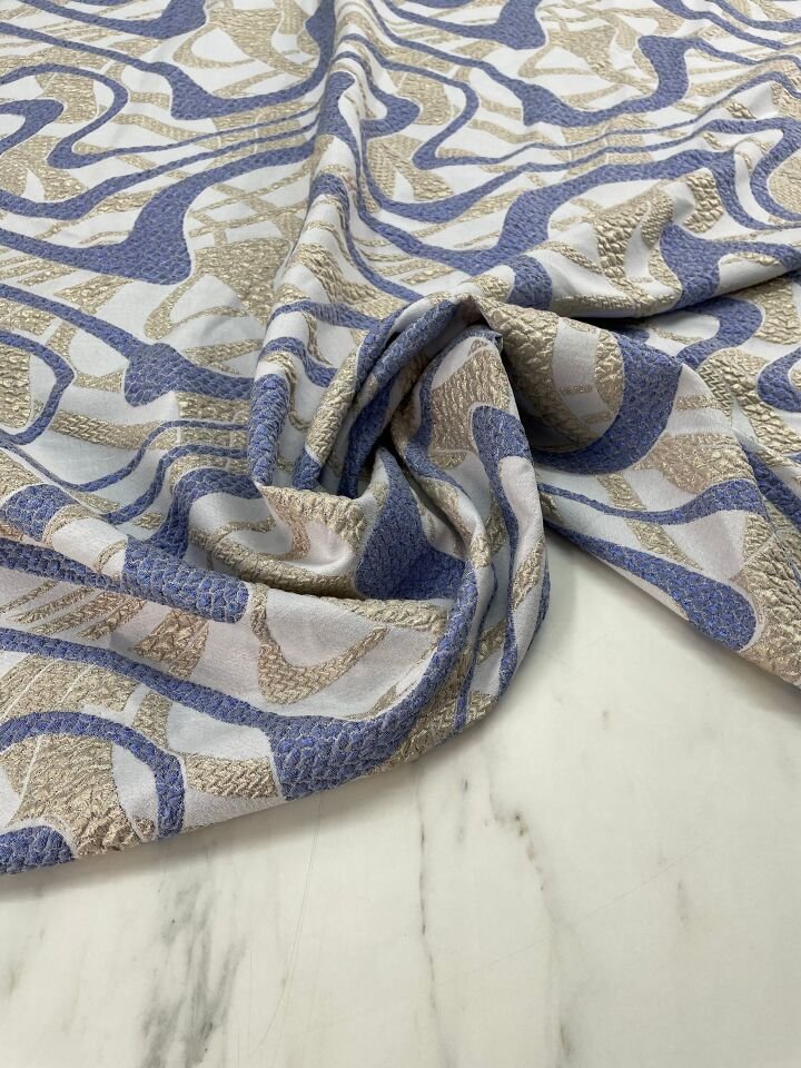 Mavi Çizgili Desen Elbiselik Brokar Kumaş