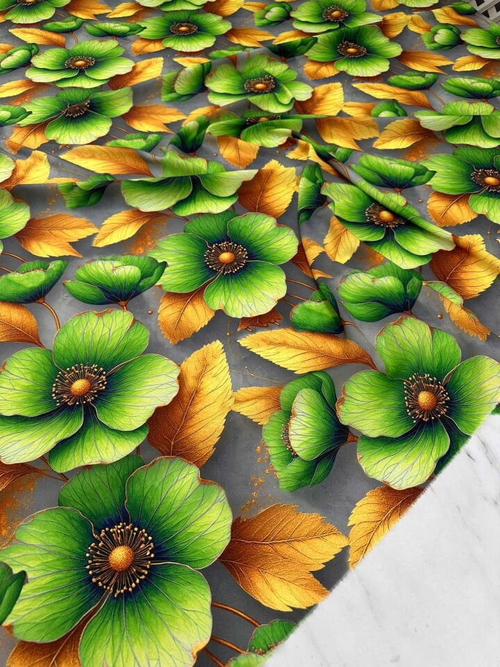 Çeşme Gülü Desen Dijital Krep Kumaş