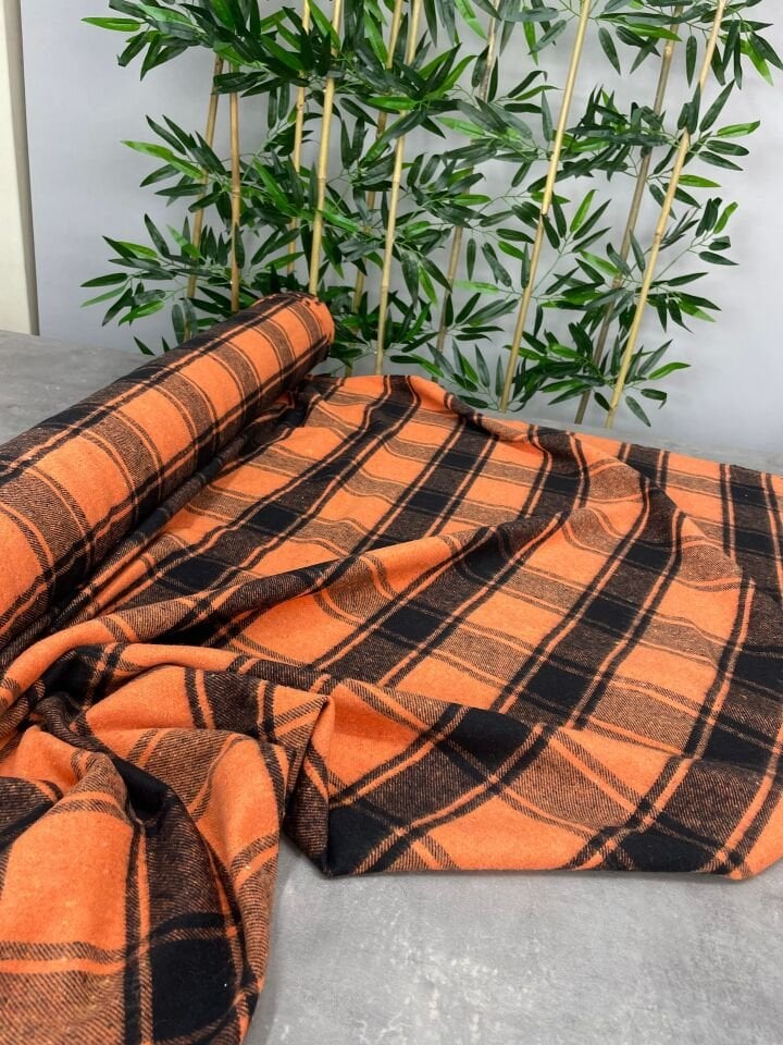 Turuncu Ekose Oduncu Desen Elbiselik Gömleklik Kumaş