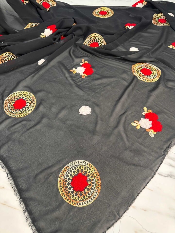 Nakış İşleme Otantik Desen Şifon Kumaş Elbise Etek Tunik Abaya