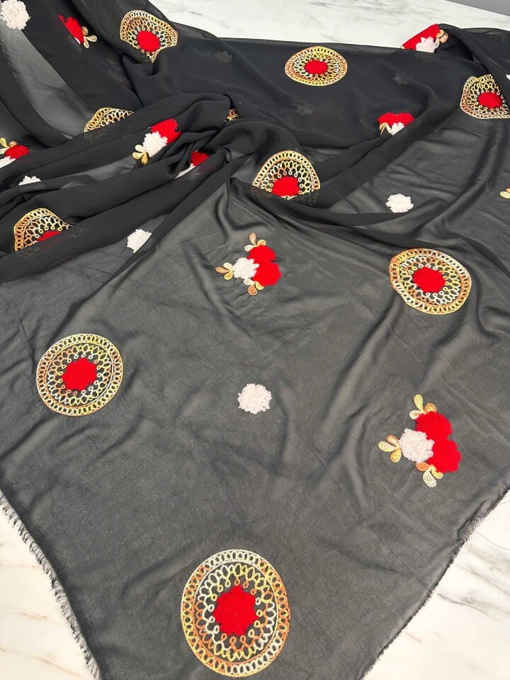 Nakış İşleme Otantik Desen Şifon Kumaş Elbise Etek Tunik Abaya