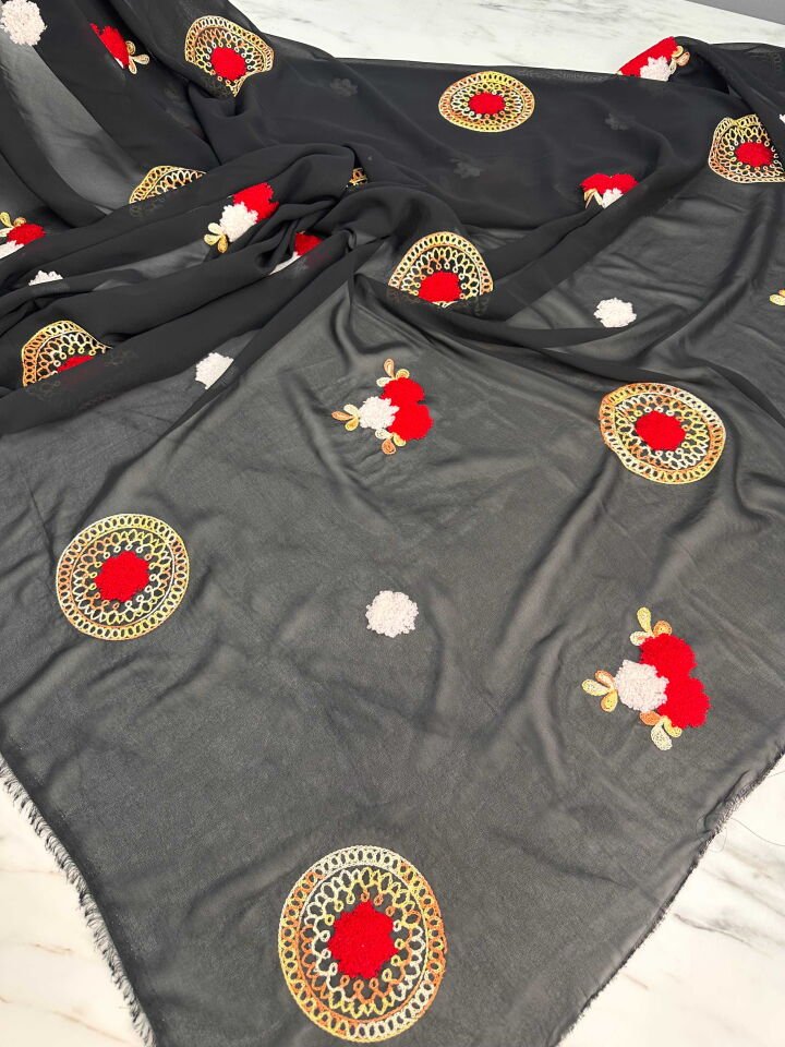 Nakış İşleme Otantik Desen Şifon Kumaş Elbise Etek Tunik Abaya