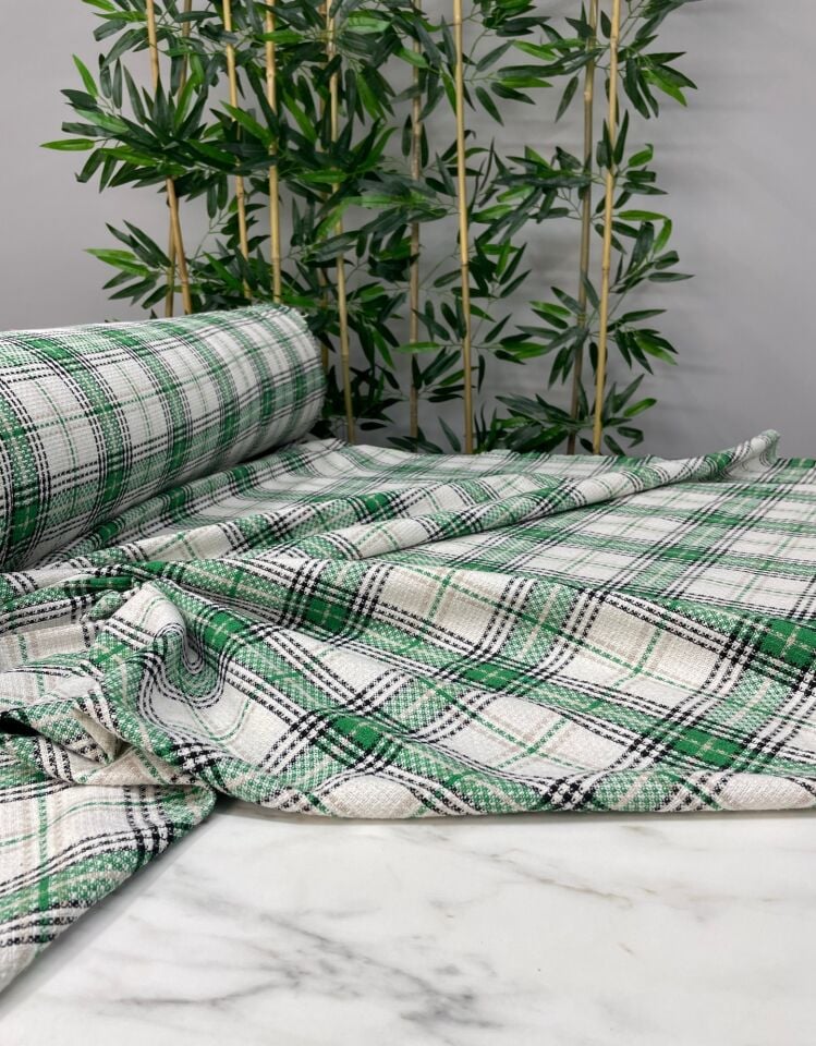 Beyaz Yeşil Ekose Oduncu Desen Elbiselik Gömleklik Kumaş