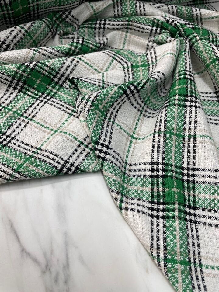 Beyaz Yeşil Ekose Oduncu Desen Elbiselik Gömleklik Kumaş