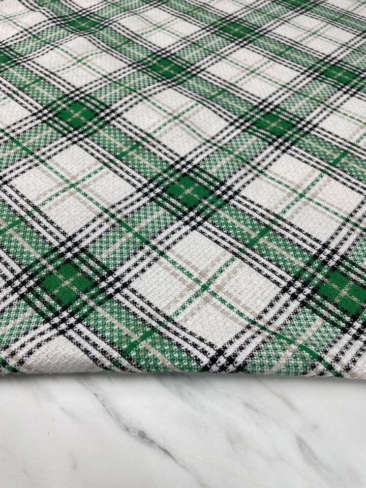 Beyaz Yeşil Ekose Oduncu Desen Elbiselik Gömleklik Kumaş