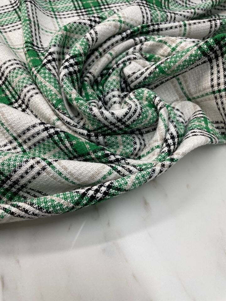 Beyaz Yeşil Ekose Oduncu Desen Elbiselik Gömleklik Kumaş