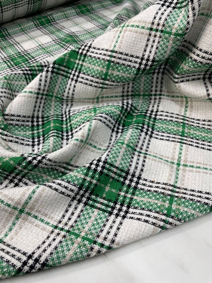 Beyaz Yeşil Ekose Oduncu Desen Elbiselik Gömleklik Kumaş