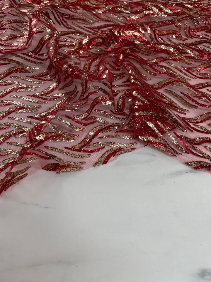 Kırmızı Altın Elbiselik Simli Kumaş
