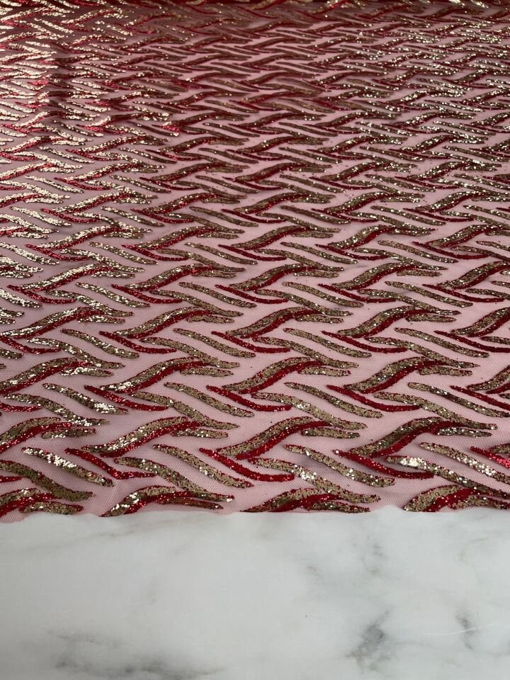 Kırmızı Altın Elbiselik Simli Kumaş