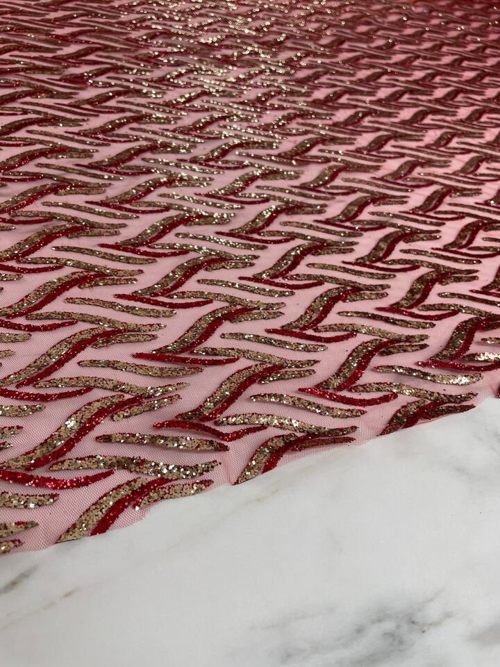 Kırmızı Altın Elbiselik Simli Kumaş