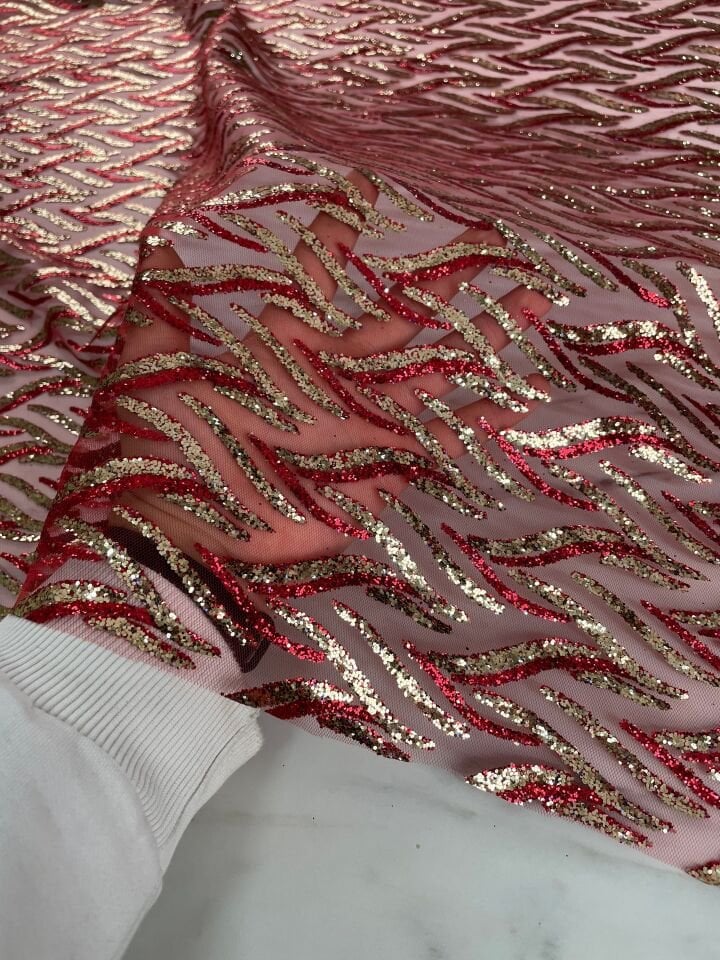 Kırmızı Altın Elbiselik Simli Kumaş