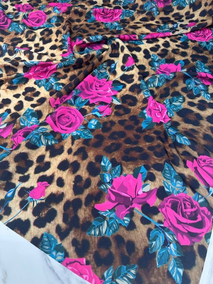 Leopar Gül Desen Krep Elbise Etek Gömlek Şalvar