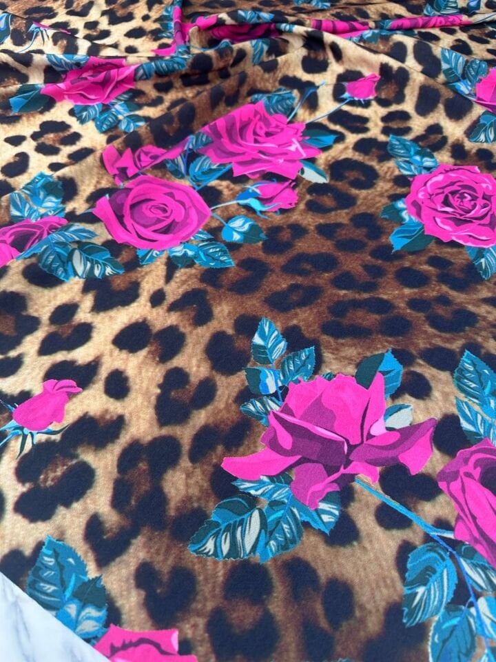 Leopar Gül Desen Krep Elbise Etek Gömlek Şalvar