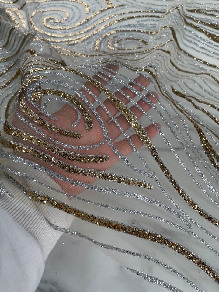 Gold Gümüş Çif Renk Çizgili Elbiselik Simli Kumaş