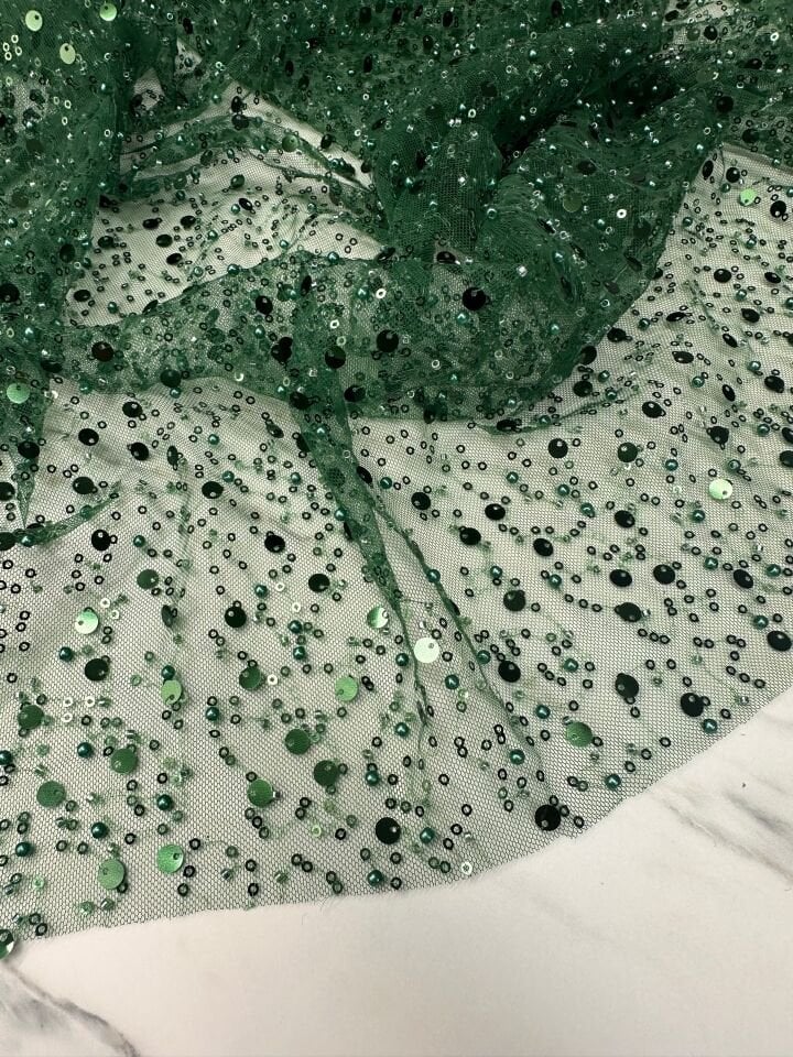 Yeşil Renk Pul Boncuk İşleme Abiyelik Tül