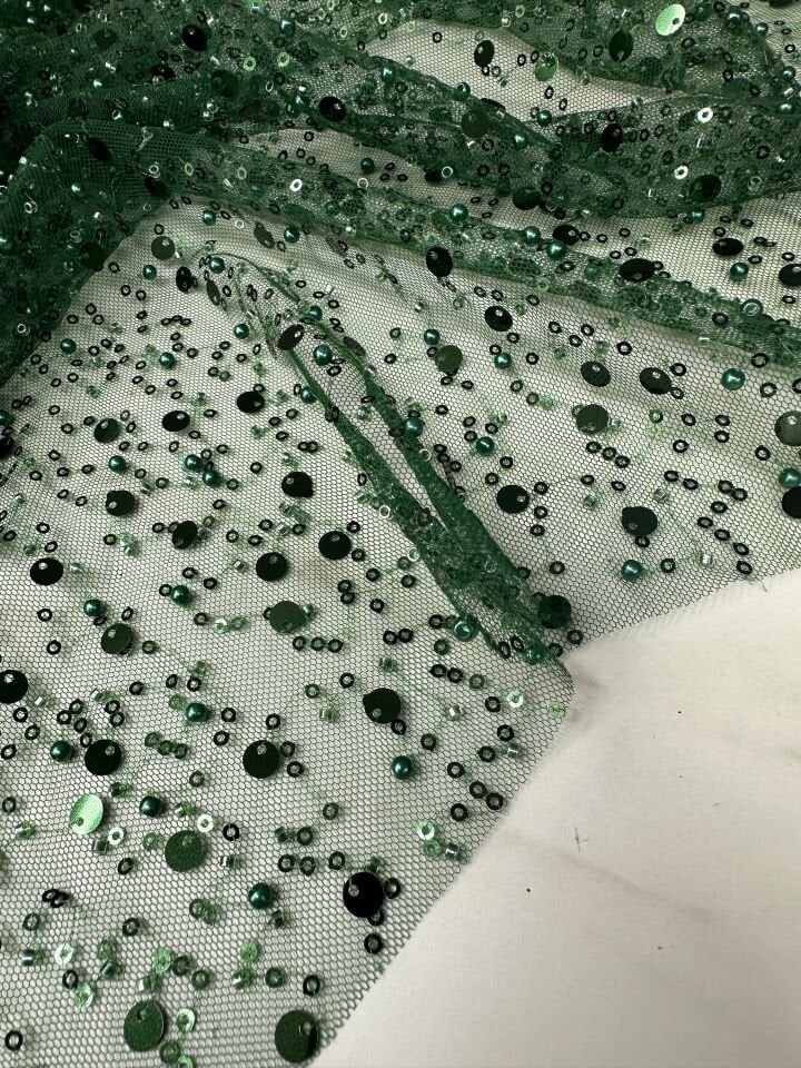 Yeşil Renk Pul Boncuk İşleme Abiyelik Tül