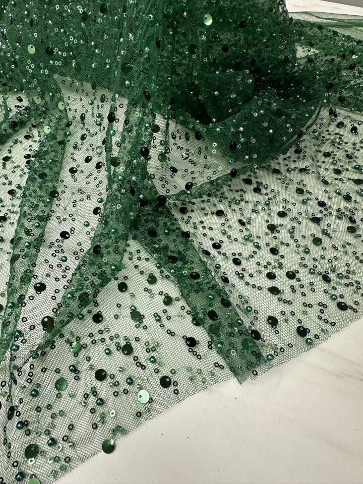 Yeşil Renk Pul Boncuk İşleme Abiyelik Tül