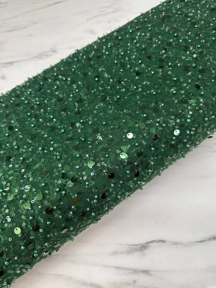 Yeşil Renk Pul Boncuk İşleme Abiyelik Tül