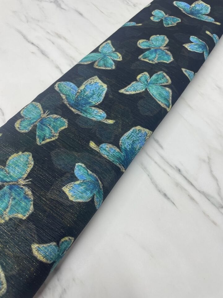 Desenli Simli Şifon Elbise Etek Gömlek Şal