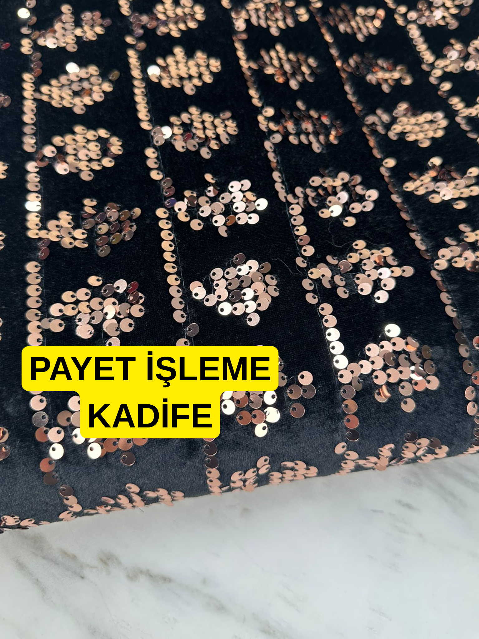 Özel Ürün Kadife Üstü Bakır Payet İşleme Yumuşak Dökümlü