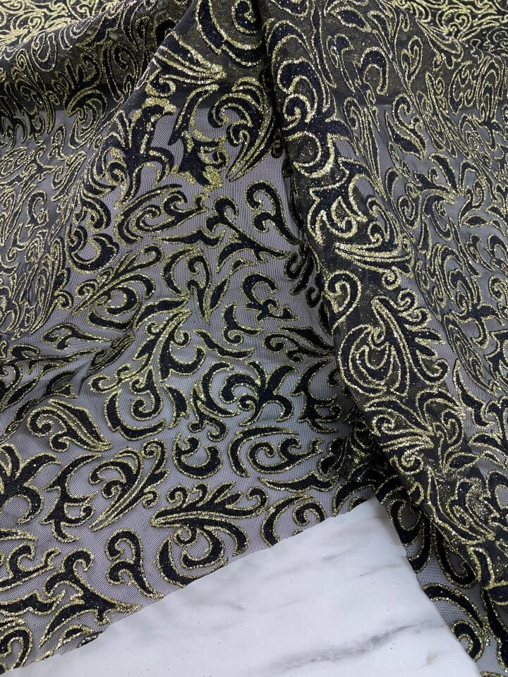 Siyah Altın Elbiselik Simli Kumaş
