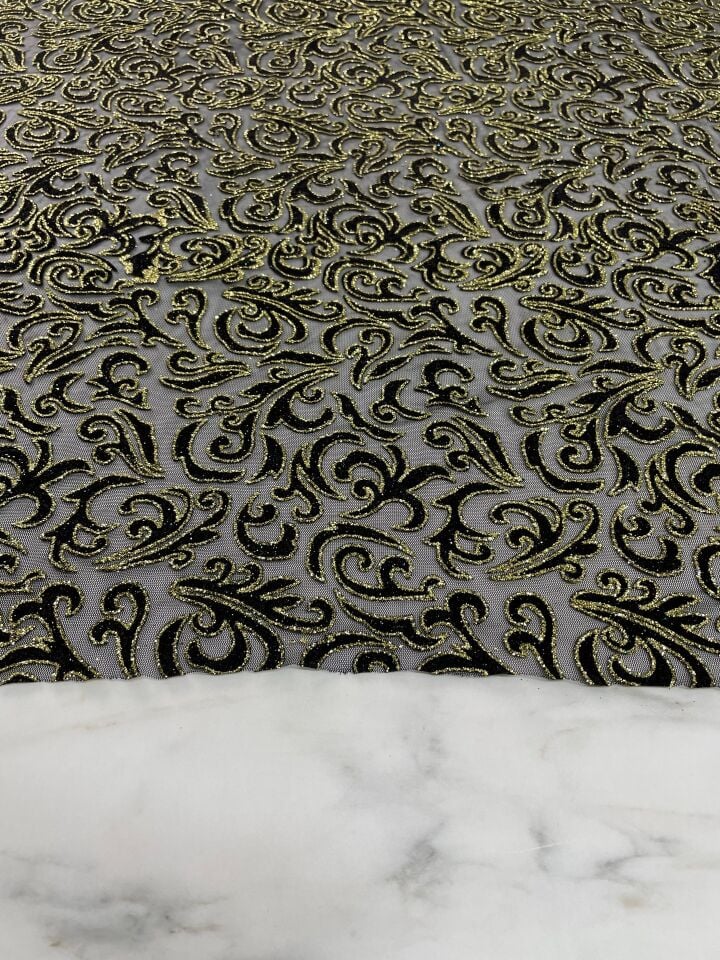 Siyah Altın Elbiselik Simli Kumaş
