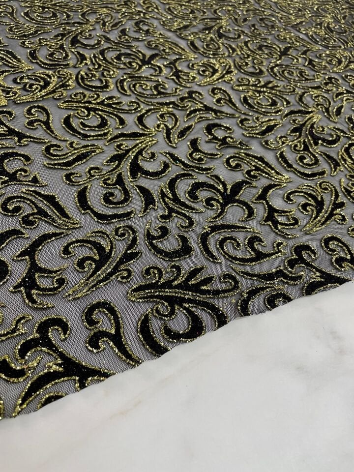 Siyah Altın Elbiselik Simli Kumaş