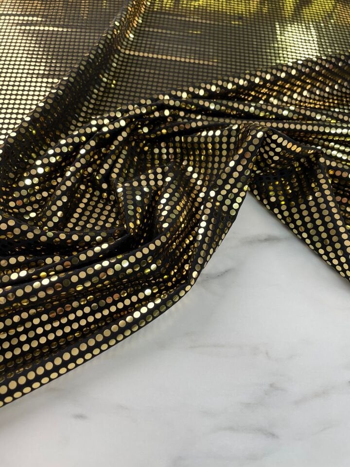 Altın Özel Tasarım Elbiselik Kesme Hologram Kumaş