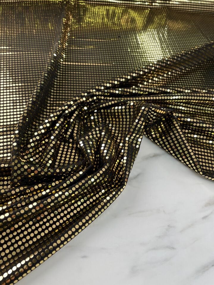 Altın Özel Tasarım Elbiselik Kesme Hologram Kumaş