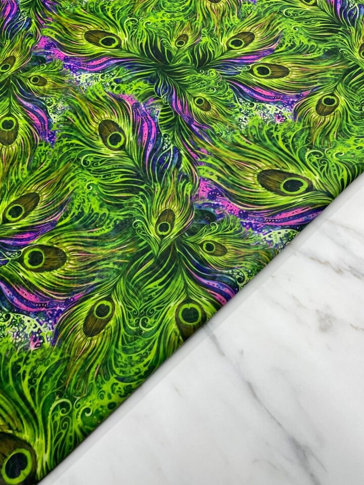 Yeşil Tavus Tüyü Desen Elbiselik Şifon Kumaş