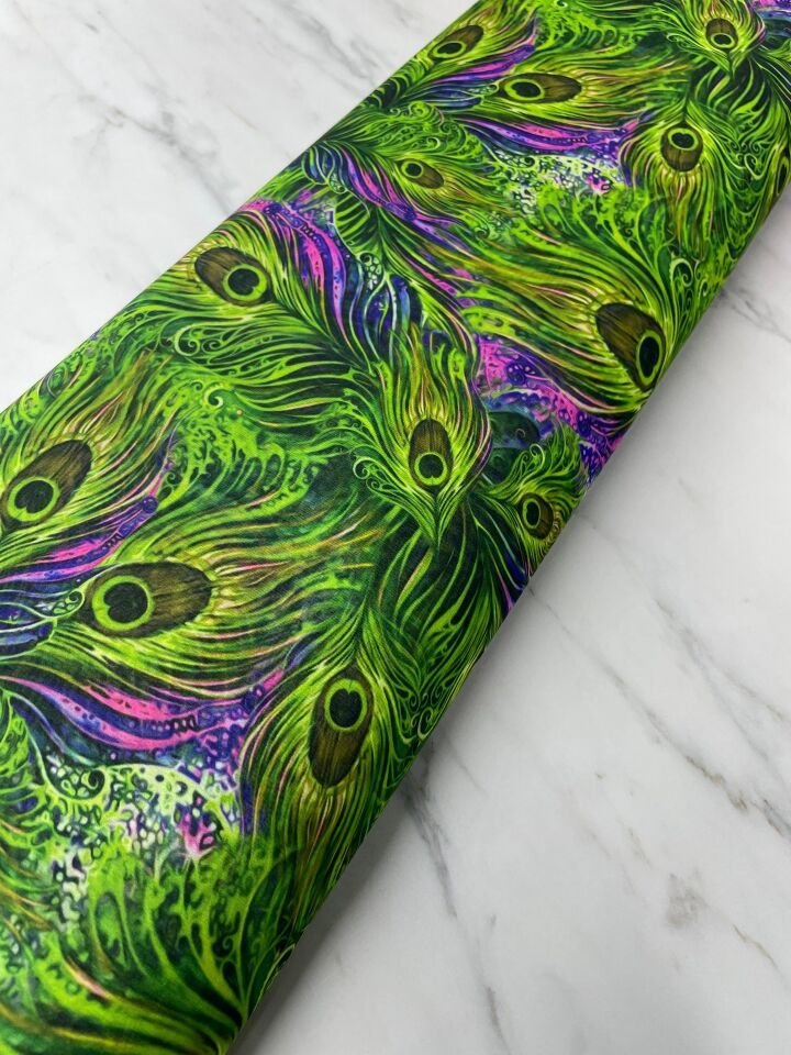 Yeşil Tavus Tüyü Desen Elbiselik Şifon Kumaş