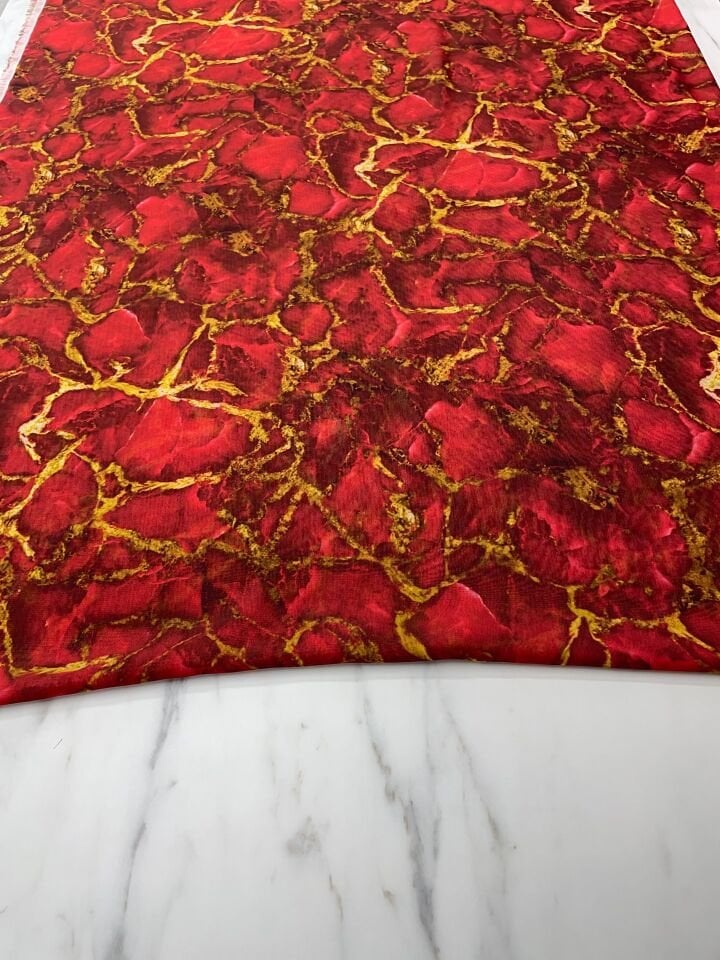 Kırmızı Mermer Desen Elbiselik Şifon Kumaş