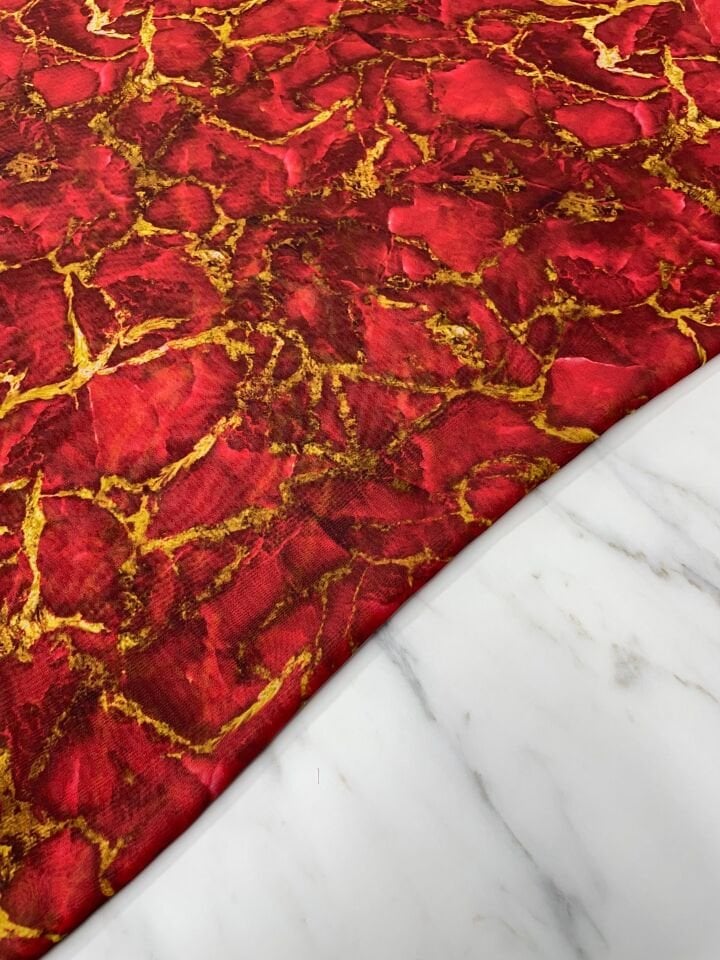 Kırmızı Mermer Desen Elbiselik Şifon Kumaş