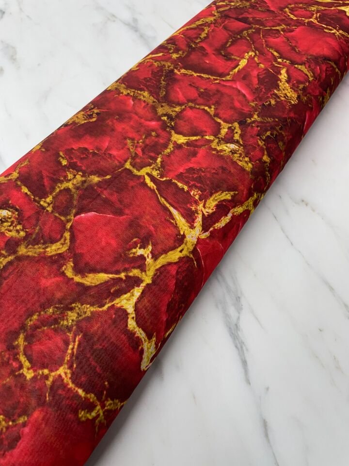 Kırmızı Mermer Desen Elbiselik Şifon Kumaş