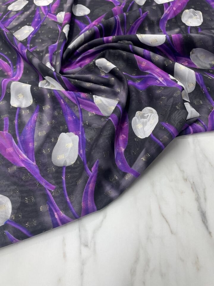 Desenli Simli Şifon Elbise Etek Gömlek Şalvar