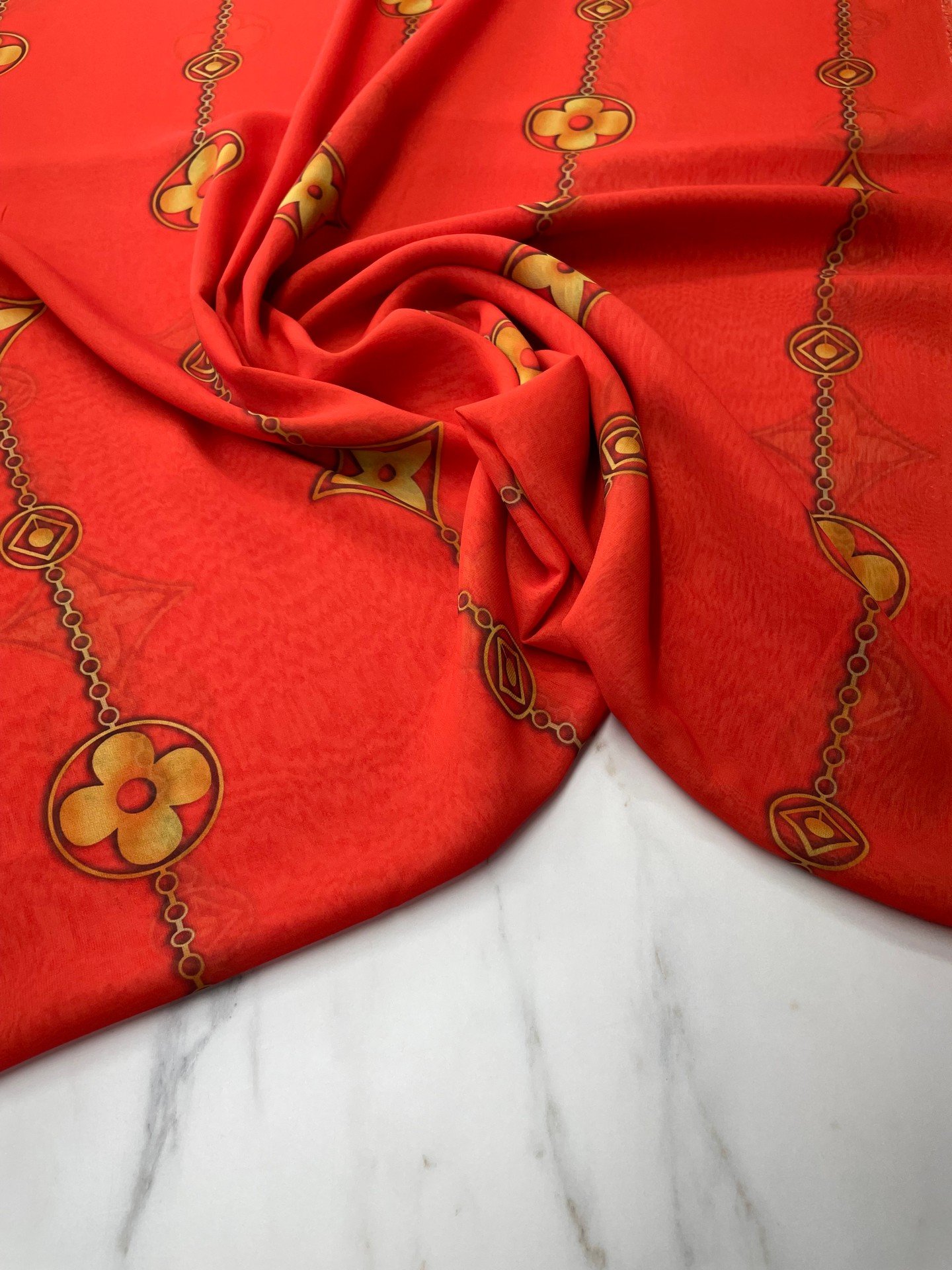 Turuncu Leo Desen Elbiselik Şifon Kumaş