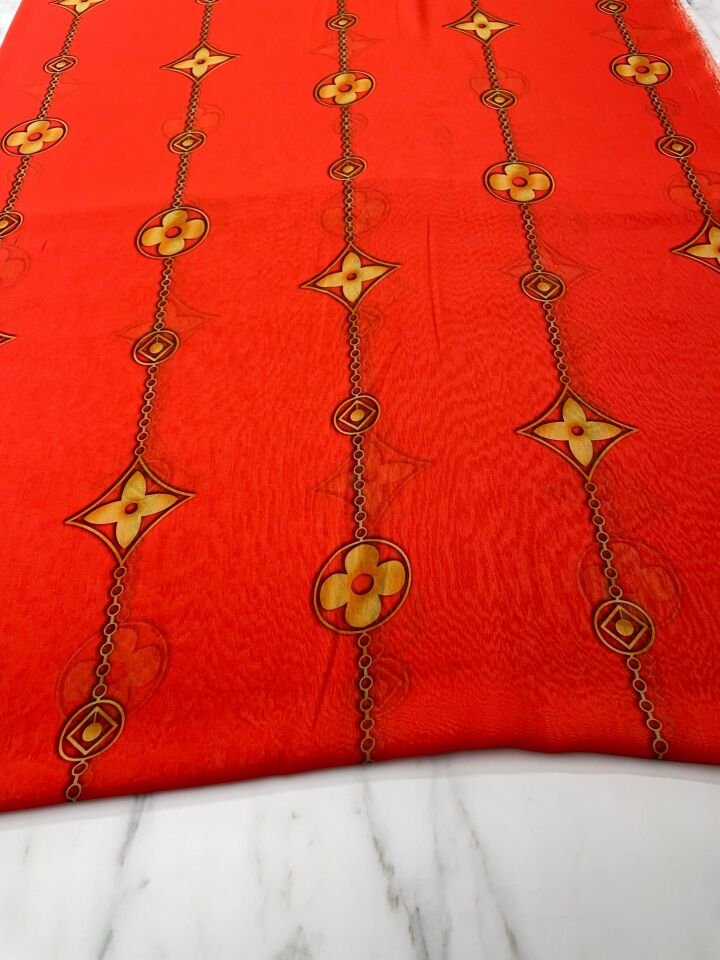 Turuncu Leo Desen Elbiselik Şifon Kumaş