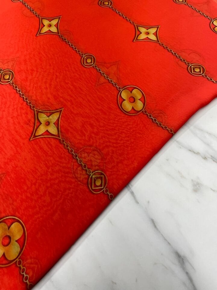 Turuncu Leo Desen Elbiselik Şifon Kumaş