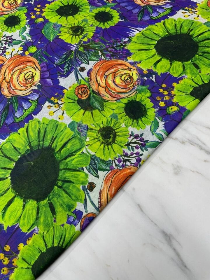 Yeşil Ayçiçek Desen Elbiselik Şifon Kumaş