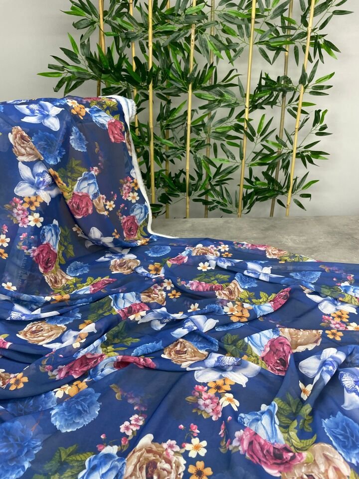 Mavi Çiçek Desen Elbiselik Şifon Kumaş