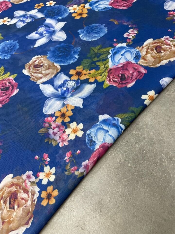 Mavi Çiçek Desen Elbiselik Şifon Kumaş