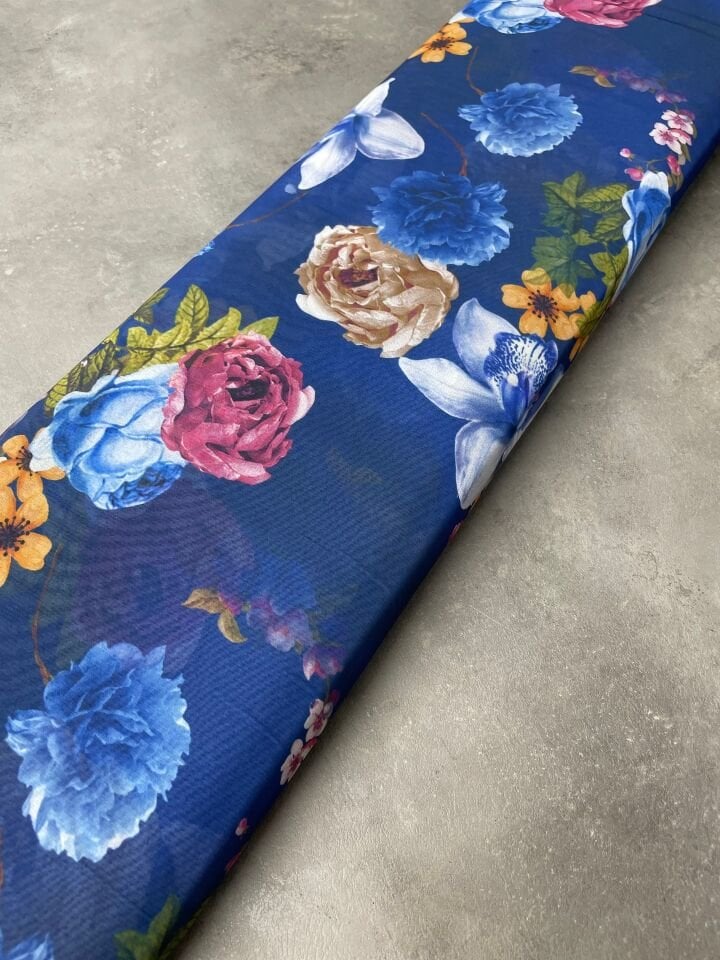 Mavi Çiçek Desen Elbiselik Şifon Kumaş