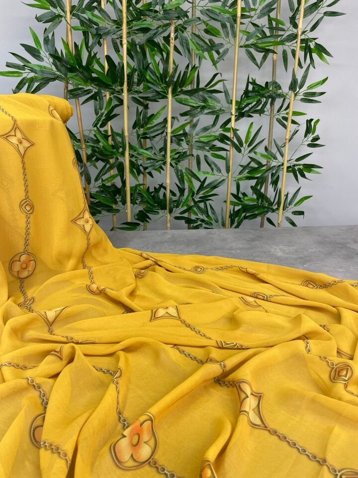 Sarı Leo Desen Elbiselik Şifon Kumaş